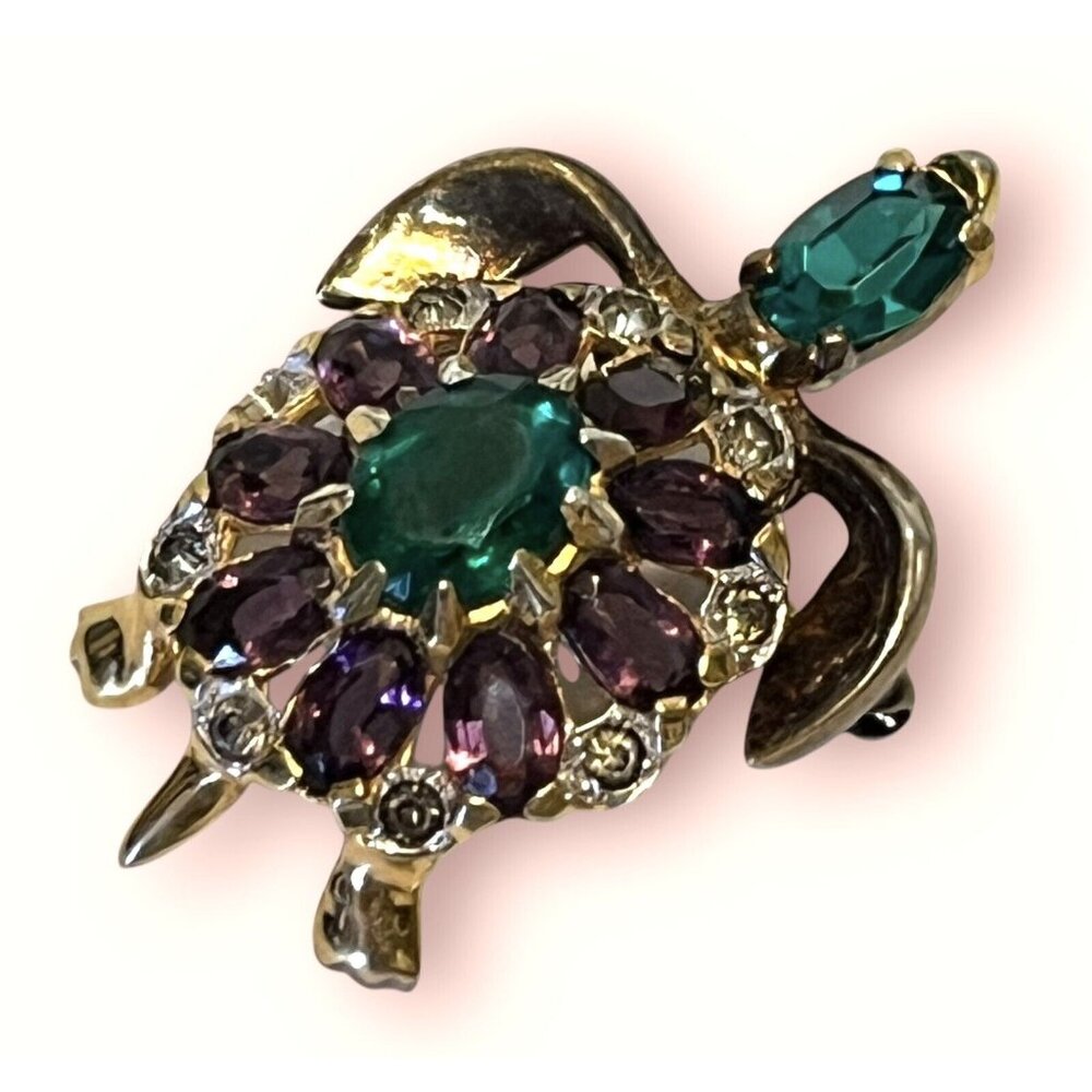HIGH END NUMBERED 50’s Purple Glass Rhinestone Open Back Turtle Figural Brooch